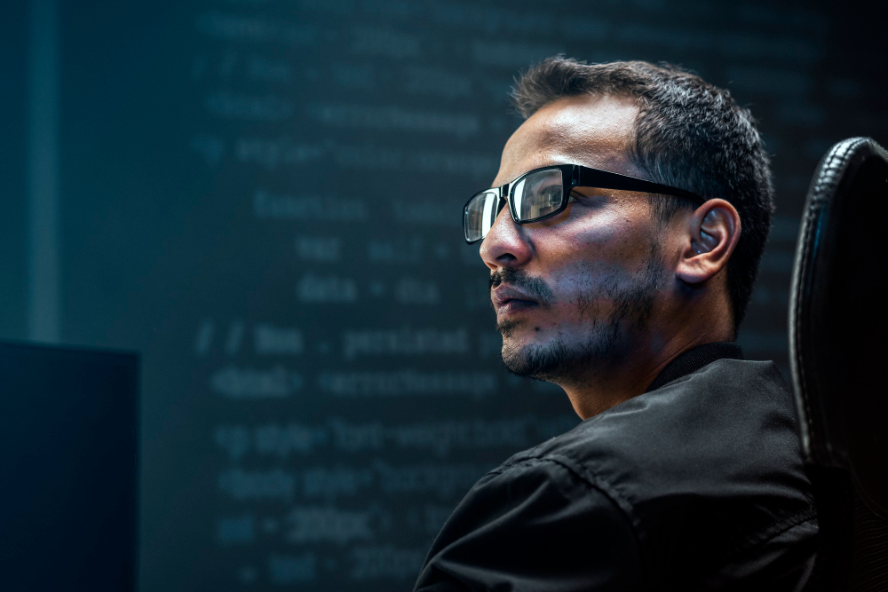 Homem de óculos olhando código de desenvolvimento de site